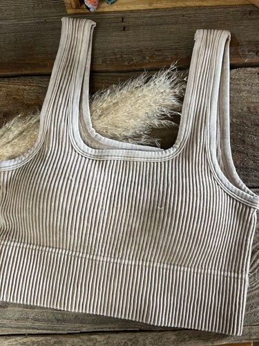 Square Neck Brami Crop Bralette - Color: Light Acid Wash Mocha