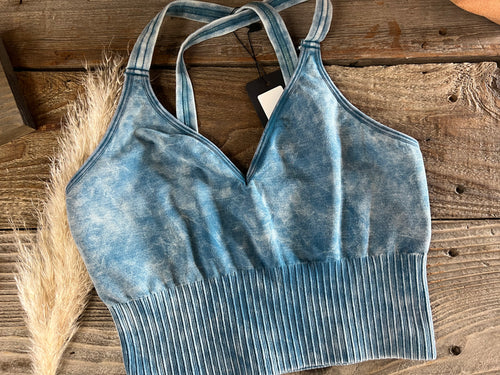V Neck Crop Cami Bralette - Acid Wash Blue