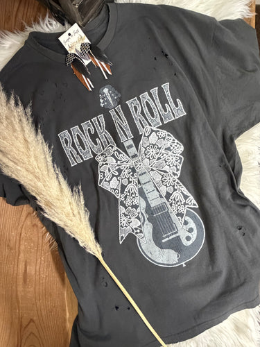 Faux Stitched Rock N Roll Distressed Tee