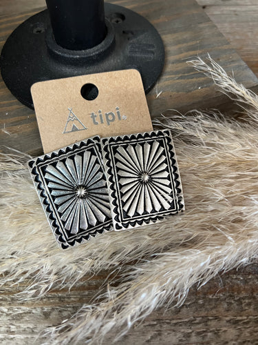 Sunray Rectangle Concho Earrings - Silver