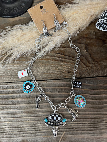 Western Gambling Charm Necklace & Earring Set