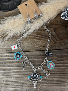 Western Gambling Charm Necklace & Earring Set