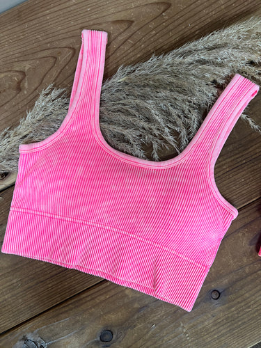 Square Neck Brami Crop Bralette - Color: Neon Pink