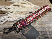 Load image into Gallery viewer, American Darling Tooled Leather Wristlet/Key Strap - Pink Crystals