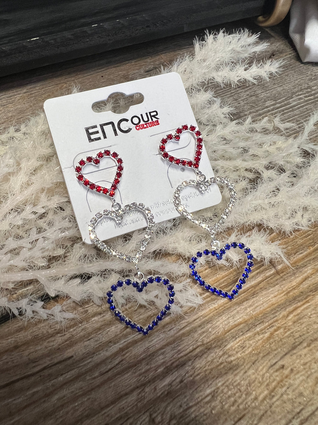 Patriotic Triple Heart Rhinestone Earrings