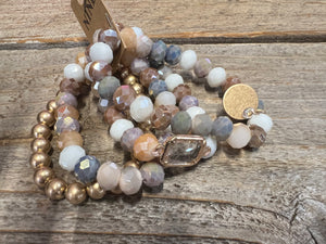 4 Piece Beaded Stretch Bracelet - Taupe/Gray Mix