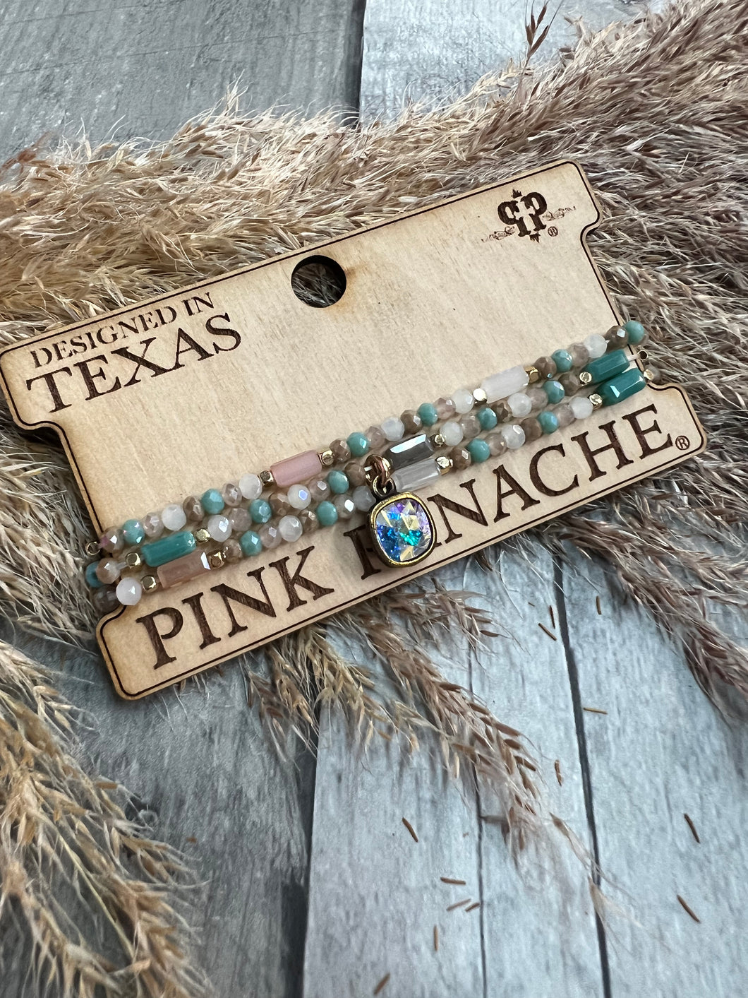 Pink Panache 3 Piece Bracelet Set With AB Gem - Mint/Taupe/Ivory