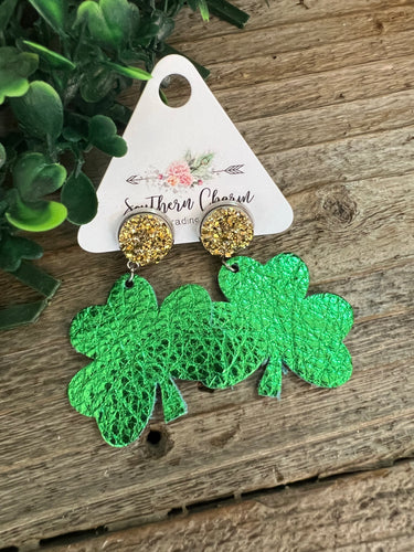 Gold Druzy Metallic Green Shamrock Earrings