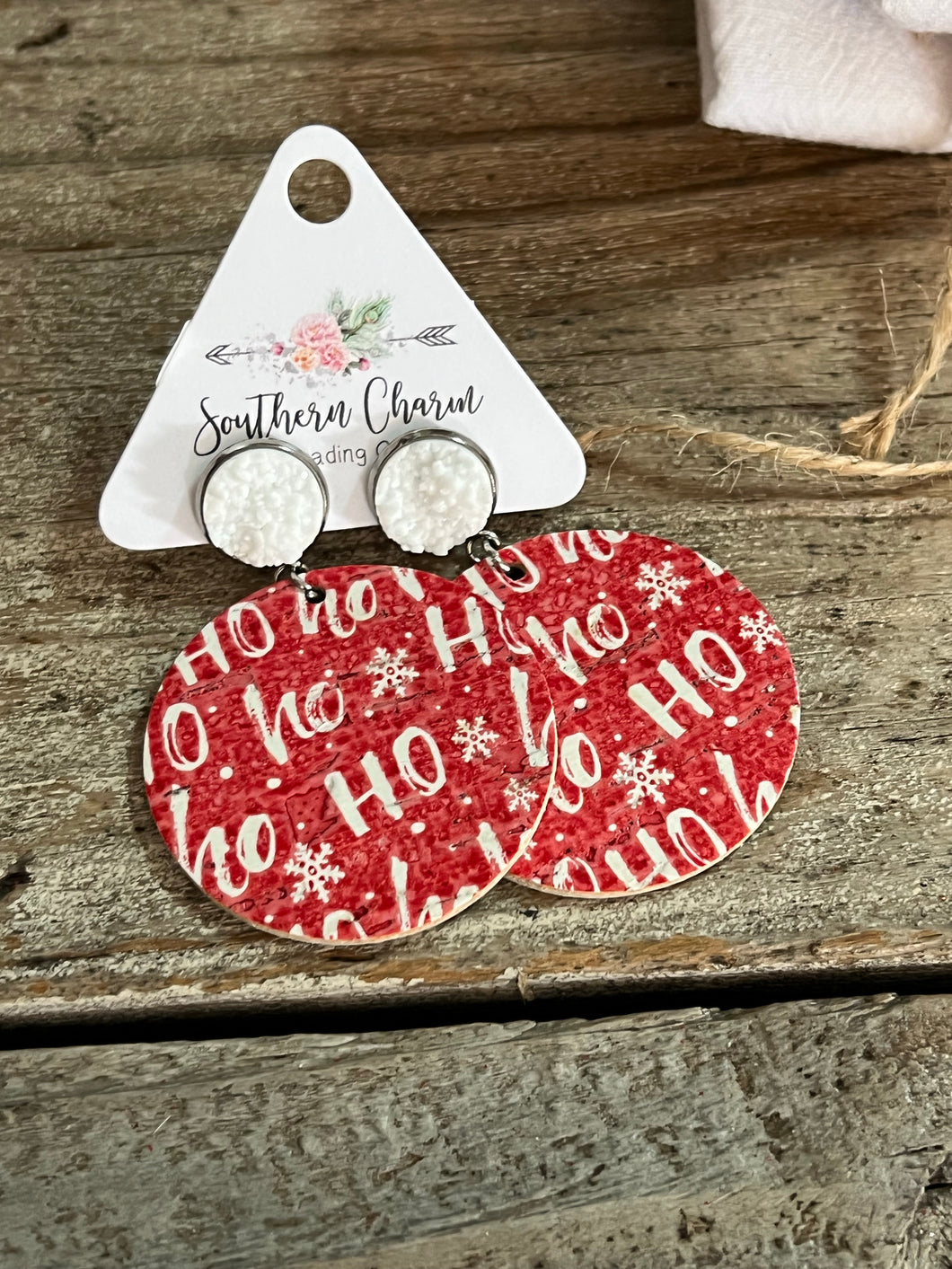 White Druzy Cork Circle Christmas Earrings