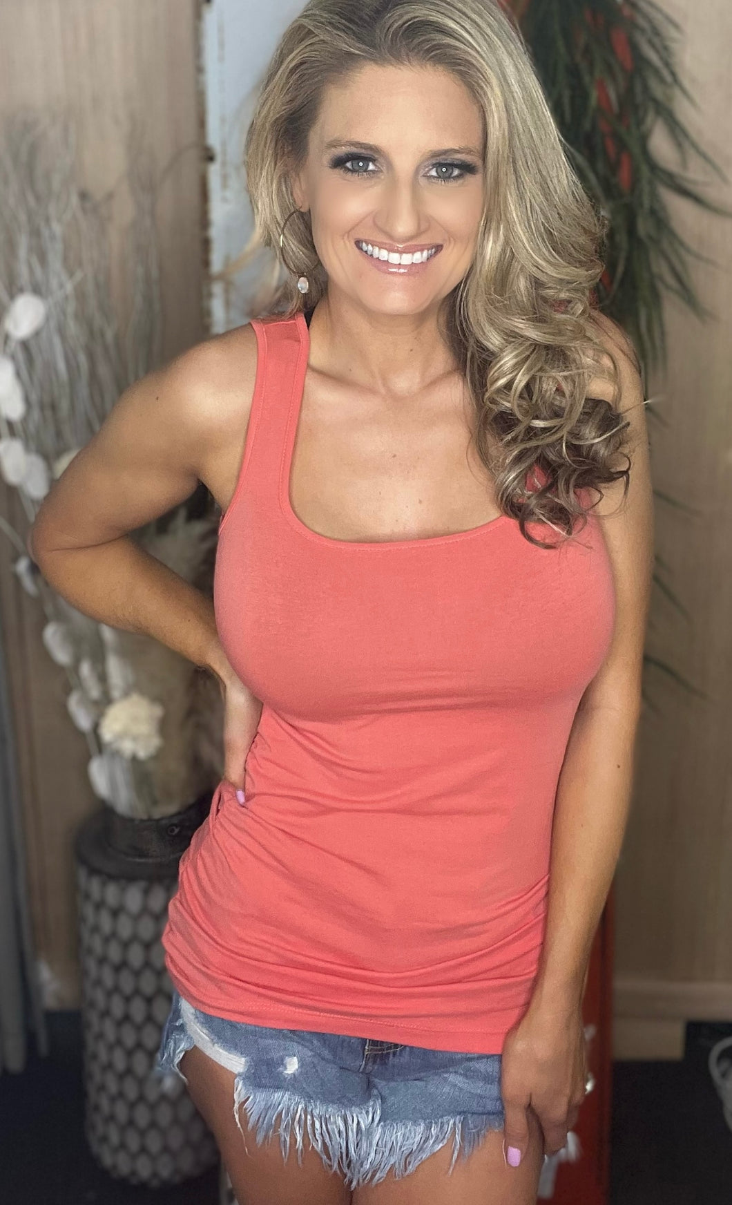 Square Neck Cinch Sided Tank - Dusty Coral