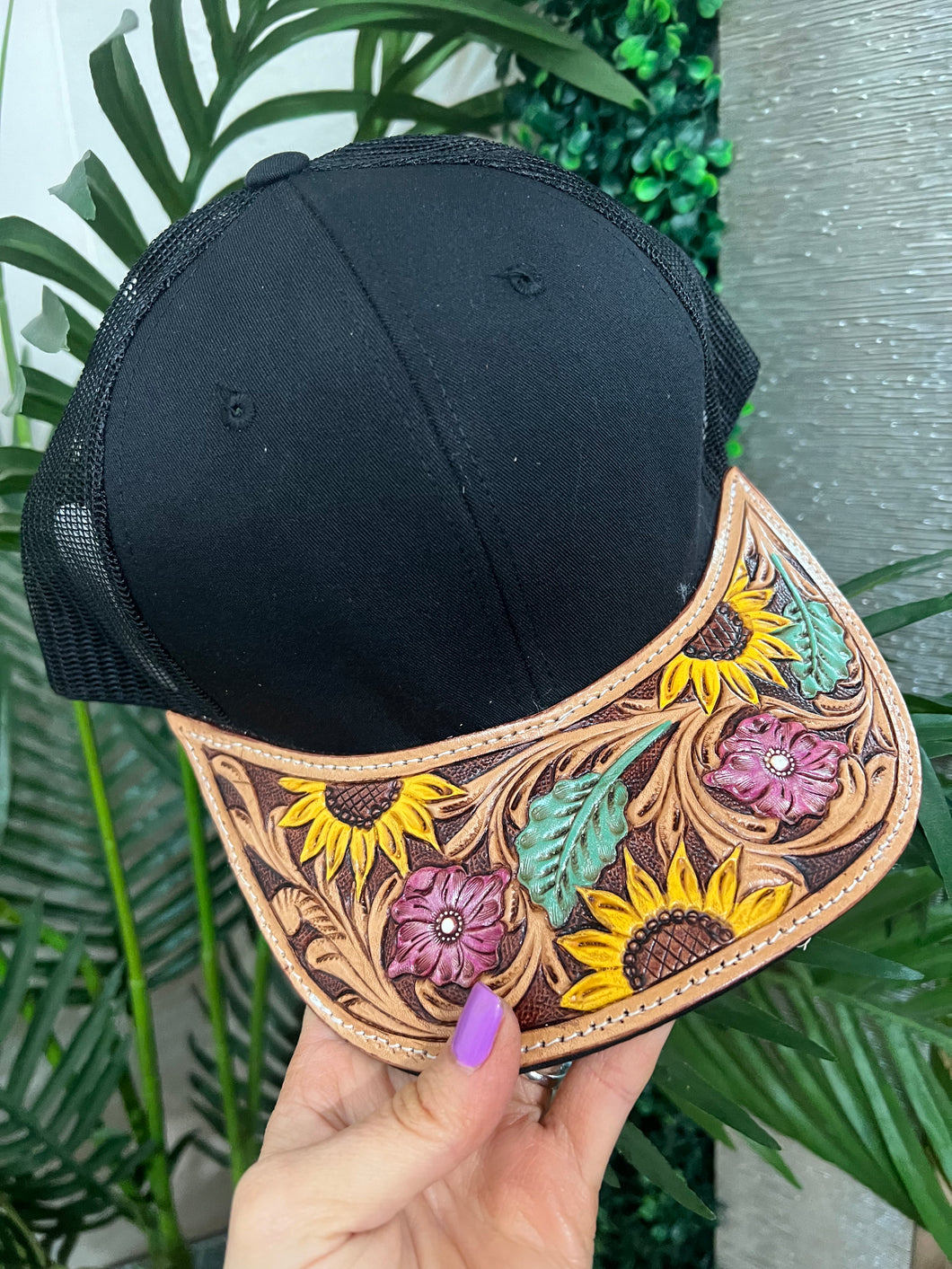 Sunflower Tooled Leather Detail SnapBack Hat