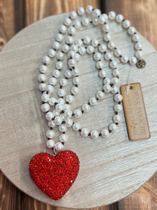 Beaded Necklace With Embellished Red Heart Pendant