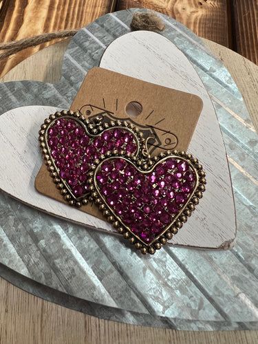 806 Embellished Heart Earrings - Gold/Fuchsia
