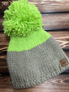 Neon Lime and Tan Pom Beanie