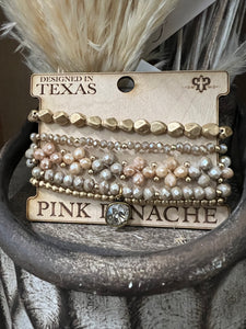 Pink Panache 5 Strand Beaded Bracelet - Gold, Taupe