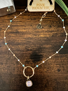 Pink Panache Petite Beaded Blue Cushion Cut Dangle Necklace
